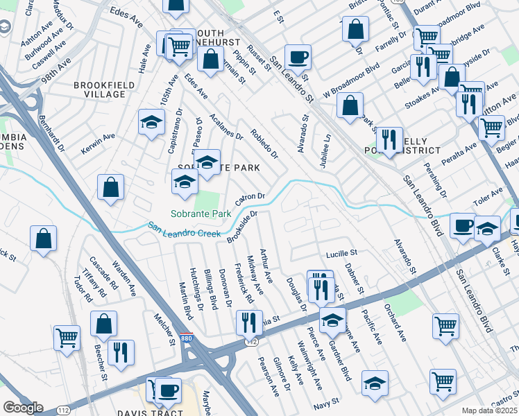 map of restaurants, bars, coffee shops, grocery stores, and more near 1368 Brookside Drive in San Leandro