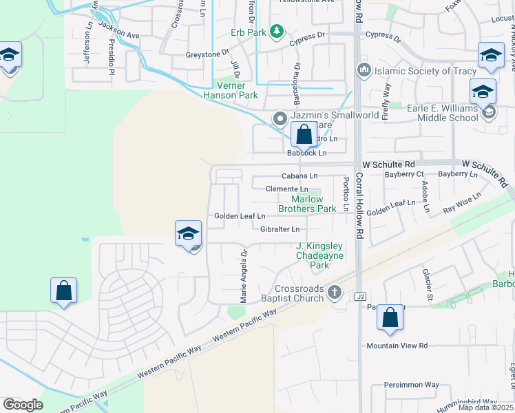 map of restaurants, bars, coffee shops, grocery stores, and more near 2416 Abbott Court in Tracy