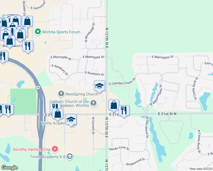 map of restaurants, bars, coffee shops, grocery stores, and more near 2444 N 127th St E in Wichita