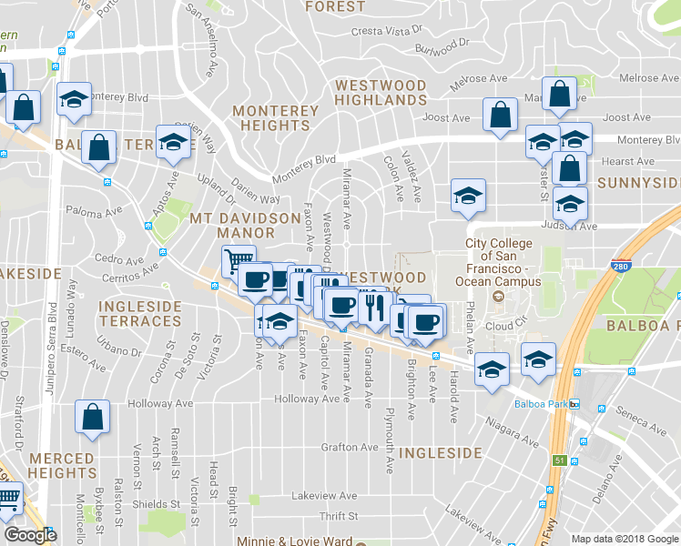 map of restaurants, bars, coffee shops, grocery stores, and more near 545 Miramar Avenue in San Francisco