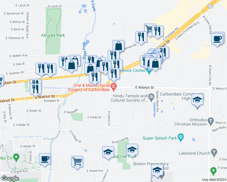 map of restaurants, bars, coffee shops, grocery stores, and more near 1111 East Walnut Street in Carbondale
