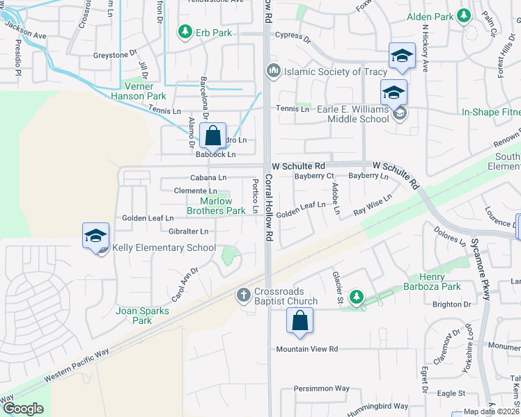 map of restaurants, bars, coffee shops, grocery stores, and more near 270 Portico Lane in Tracy