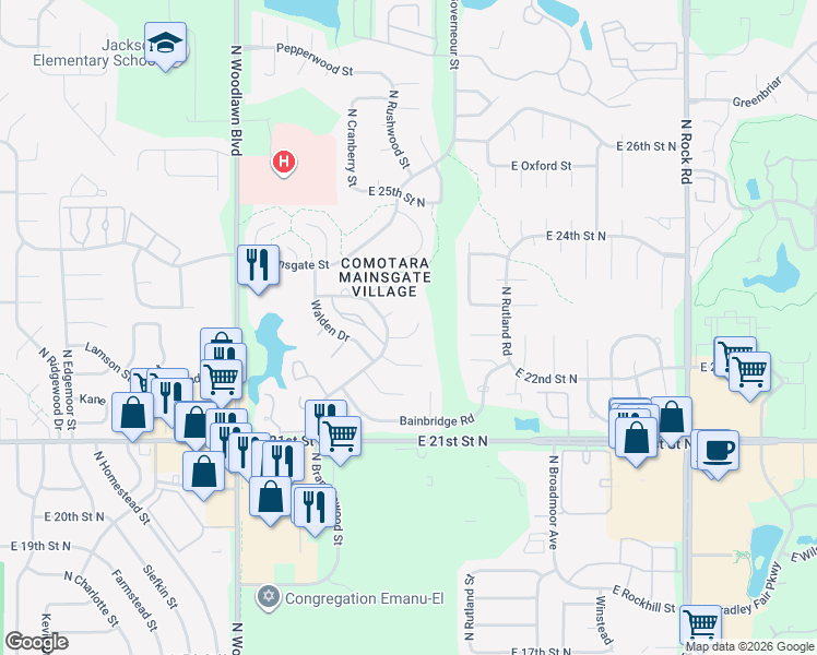 map of restaurants, bars, coffee shops, grocery stores, and more near 6940 East Kentford Circle in Wichita