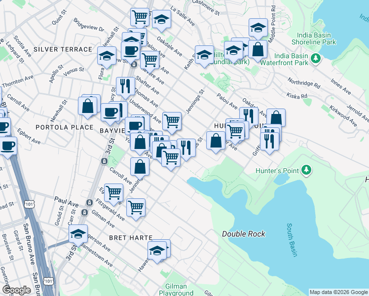 map of restaurants, bars, coffee shops, grocery stores, and more near 1303 Underwood Avenue in San Francisco