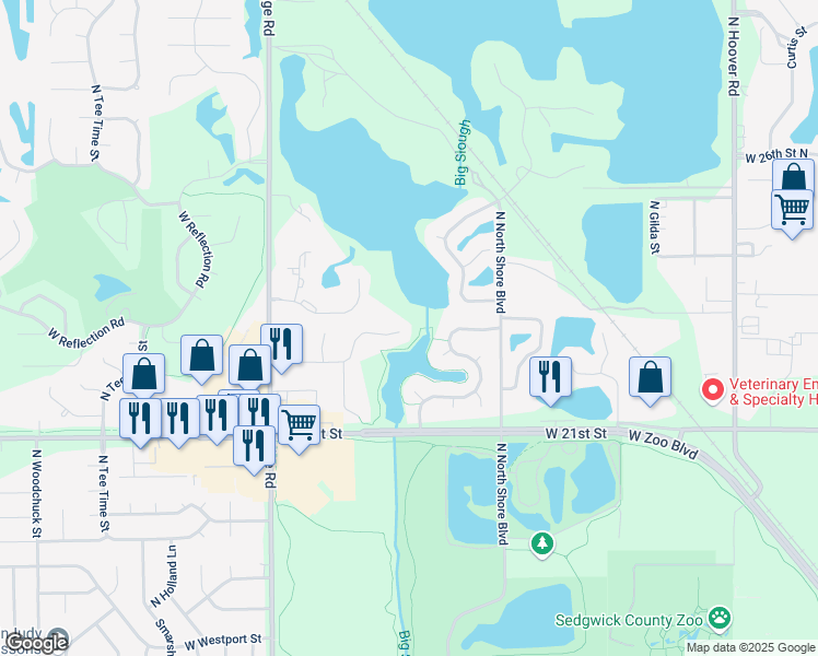 map of restaurants, bars, coffee shops, grocery stores, and more near 6701 West Garden Ridge Circle in Wichita