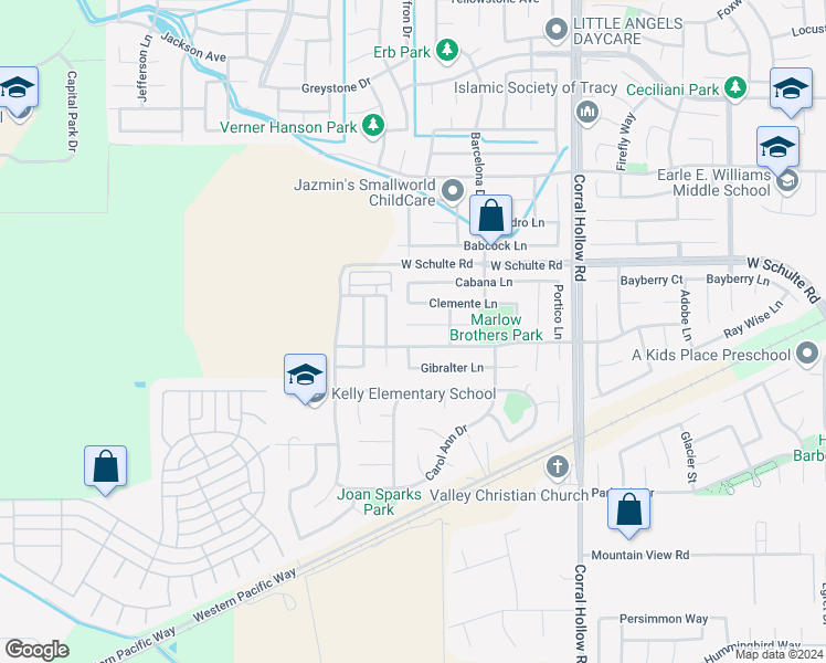 map of restaurants, bars, coffee shops, grocery stores, and more near 2416 Abbott Court in Tracy