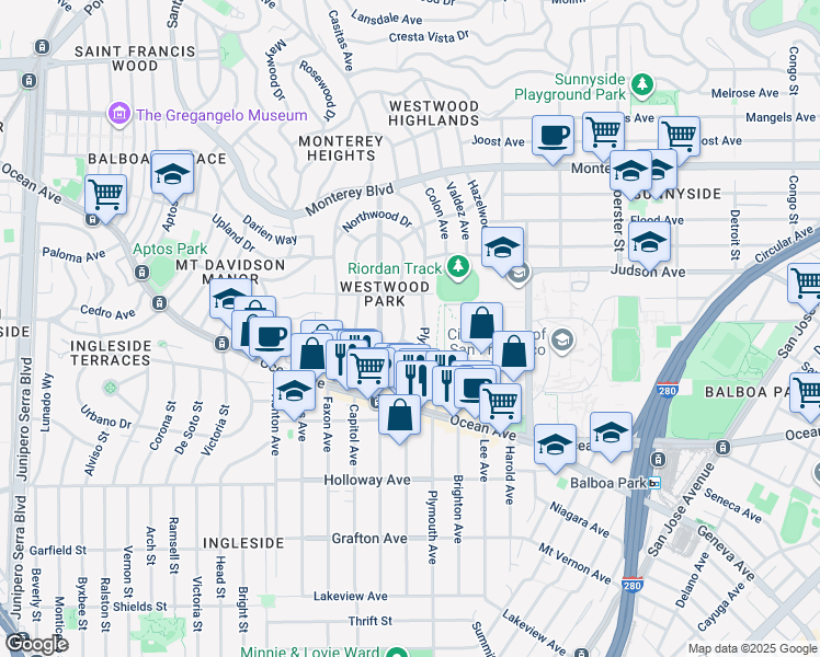 map of restaurants, bars, coffee shops, grocery stores, and more near 2 Eastwood Drive in San Francisco