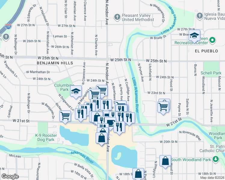 map of restaurants, bars, coffee shops, grocery stores, and more near 2458 Riverlawn in Wichita
