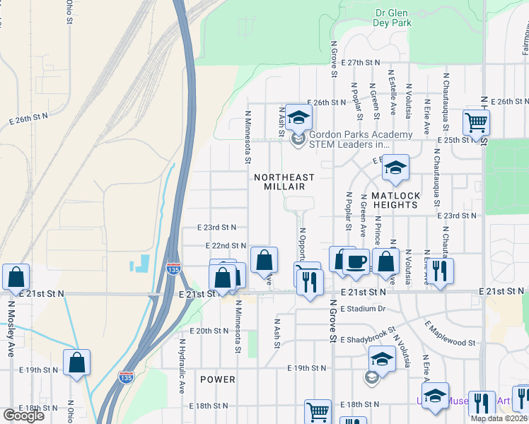 map of restaurants, bars, coffee shops, grocery stores, and more near 2407 North Piatt Avenue in Wichita