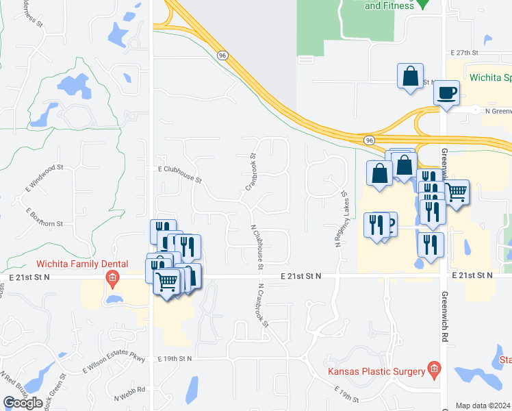 map of restaurants, bars, coffee shops, grocery stores, and more near 5722 East Ayesbury Street in Wichita