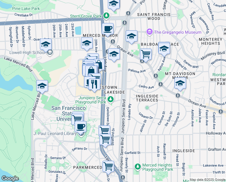 map of restaurants, bars, coffee shops, grocery stores, and more near 110 Broadmoor Drive in San Francisco