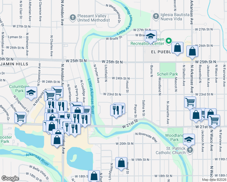 map of restaurants, bars, coffee shops, grocery stores, and more near 2406 North Somerset Avenue in Wichita