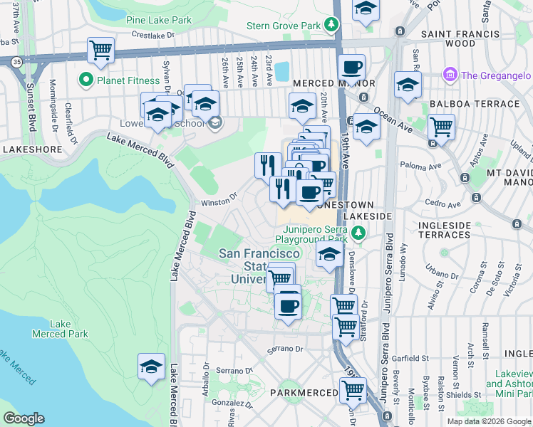 map of restaurants, bars, coffee shops, grocery stores, and more near 240 Buckingham Way in San Francisco