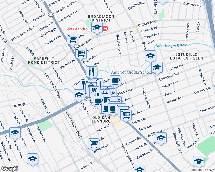 map of restaurants, bars, coffee shops, grocery stores, and more near 184 Callan Avenue in San Leandro