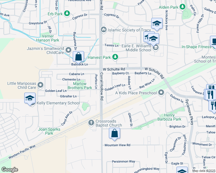 map of restaurants, bars, coffee shops, grocery stores, and more near 280 Edgewood Court in Tracy
