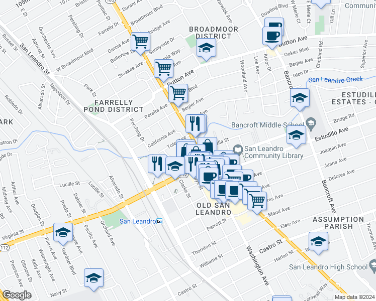 map of restaurants, bars, coffee shops, grocery stores, and more near 224 Arroyo Avenue in San Leandro
