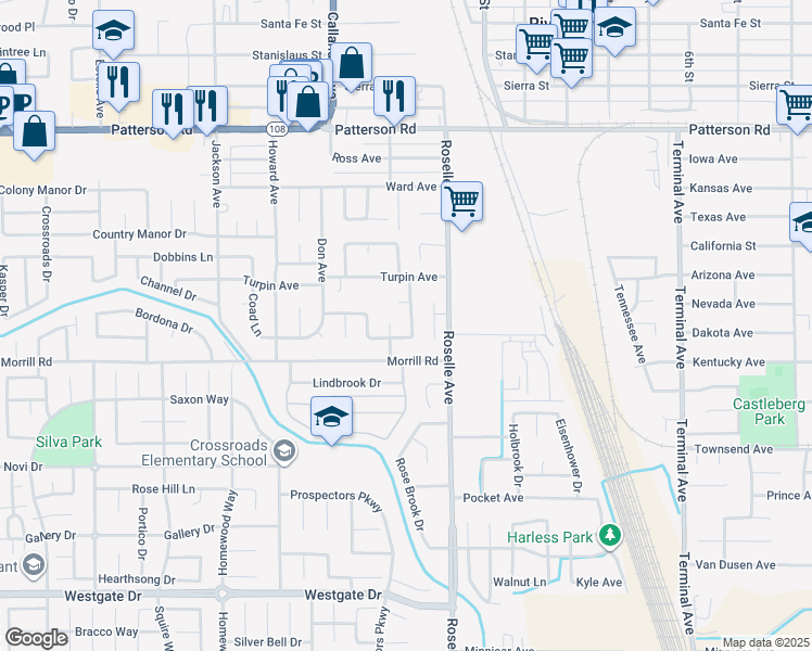 map of restaurants, bars, coffee shops, grocery stores, and more near 6025 Creek Bend Dr in Riverbank