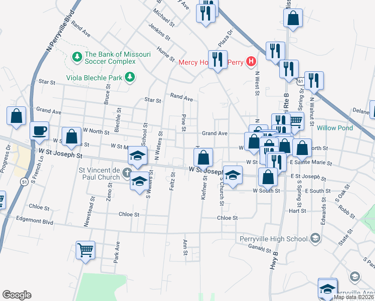 map of restaurants, bars, coffee shops, grocery stores, and more near 105 North Pine Street in Perryville
