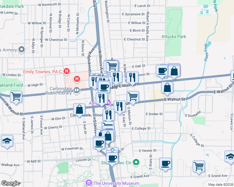 map of restaurants, bars, coffee shops, grocery stores, and more near 115 S Washington St in Carbondale