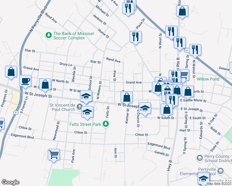 map of restaurants, bars, coffee shops, grocery stores, and more near 105 North Pine Street in Perryville