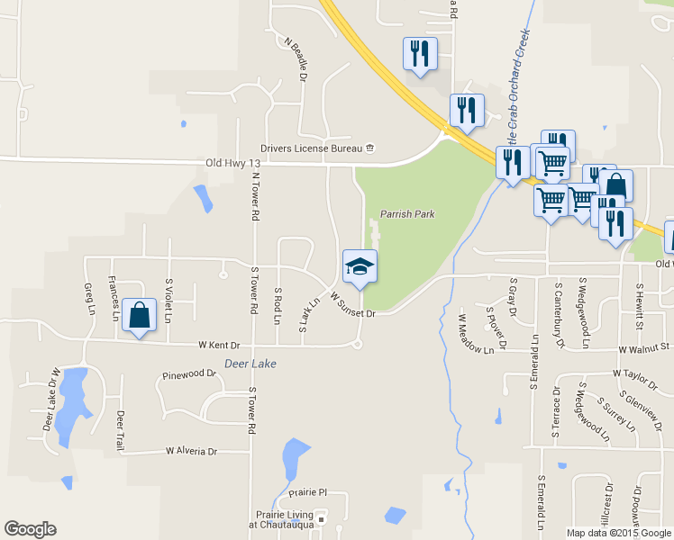 map of restaurants, bars, coffee shops, grocery stores, and more near 118 North Lark Lane in Carbondale