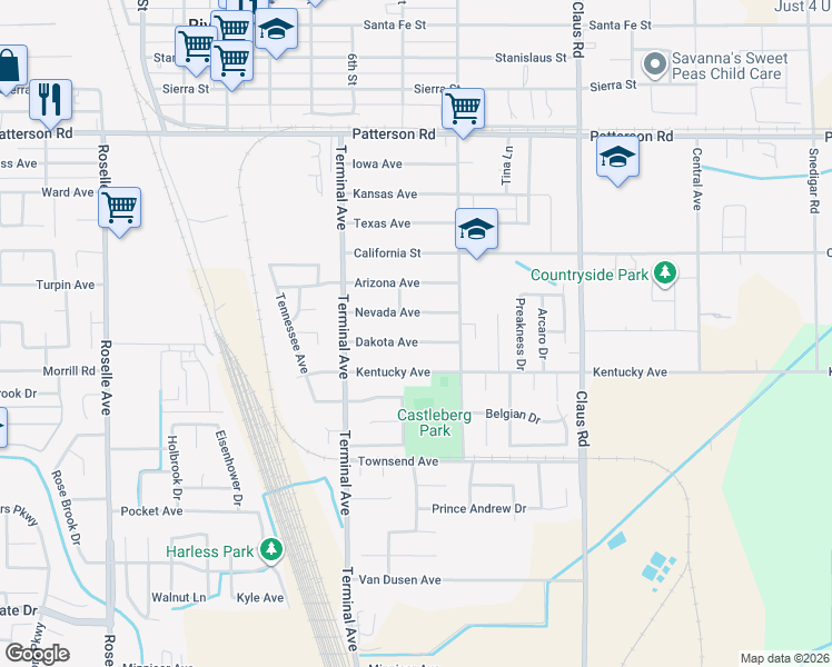 map of restaurants, bars, coffee shops, grocery stores, and more near 3713 Dakota Ave in Riverbank
