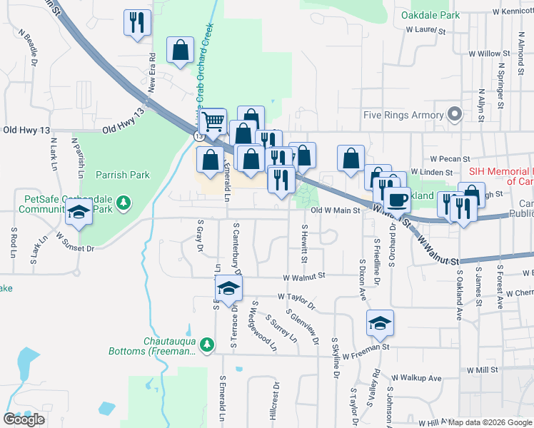 map of restaurants, bars, coffee shops, grocery stores, and more near 1708 West Sunset Drive in Carbondale