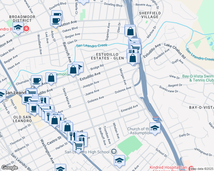 map of restaurants, bars, coffee shops, grocery stores, and more near 776 Juana Avenue in San Leandro