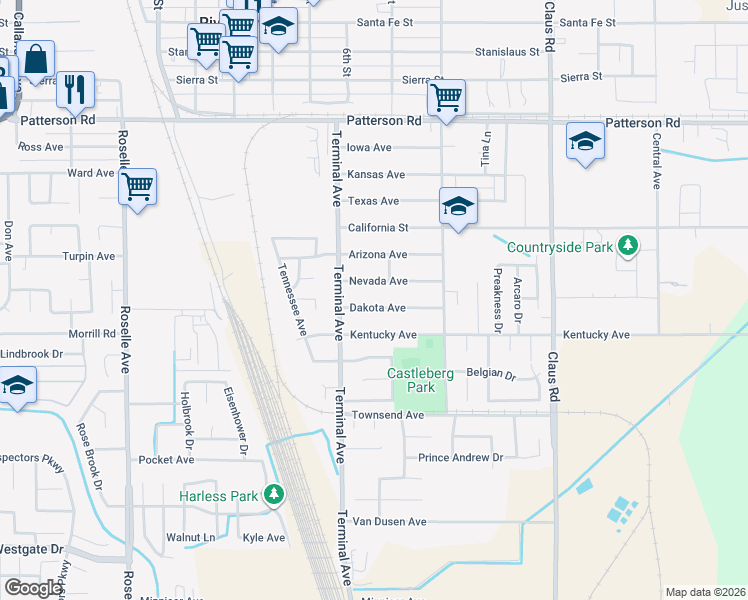 map of restaurants, bars, coffee shops, grocery stores, and more near 3649 Dakota Avenue in Riverbank