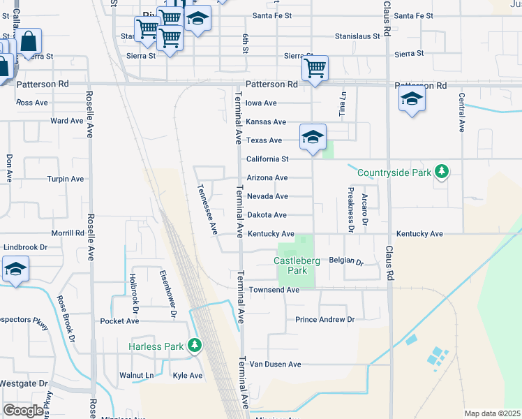 map of restaurants, bars, coffee shops, grocery stores, and more near 3649 Dakota Avenue in Riverbank