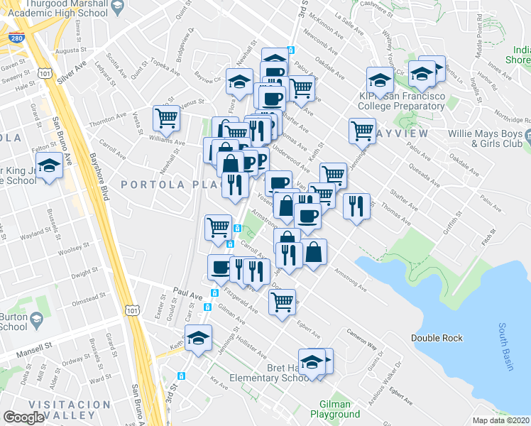map of restaurants, bars, coffee shops, grocery stores, and more near 1610 Armstrong Avenue in San Francisco