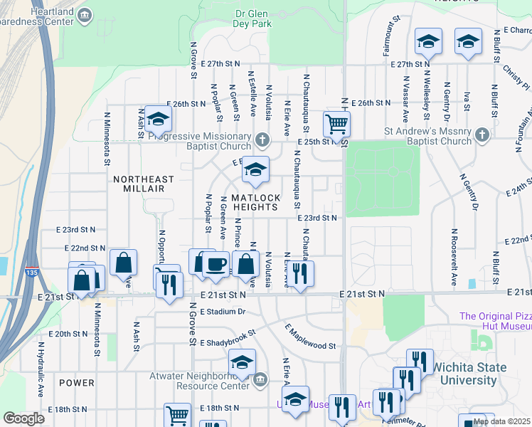 map of restaurants, bars, coffee shops, grocery stores, and more near 2820 East 23rd Street North in Wichita