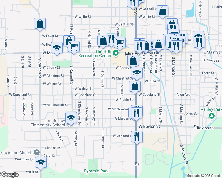 map of restaurants, bars, coffee shops, grocery stores, and more near 502 South Vicksburg Street in Marion