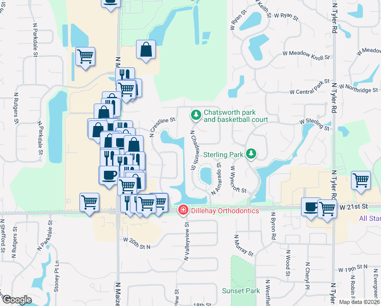 map of restaurants, bars, coffee shops, grocery stores, and more near 2329 North Chadsworth Court in Wichita