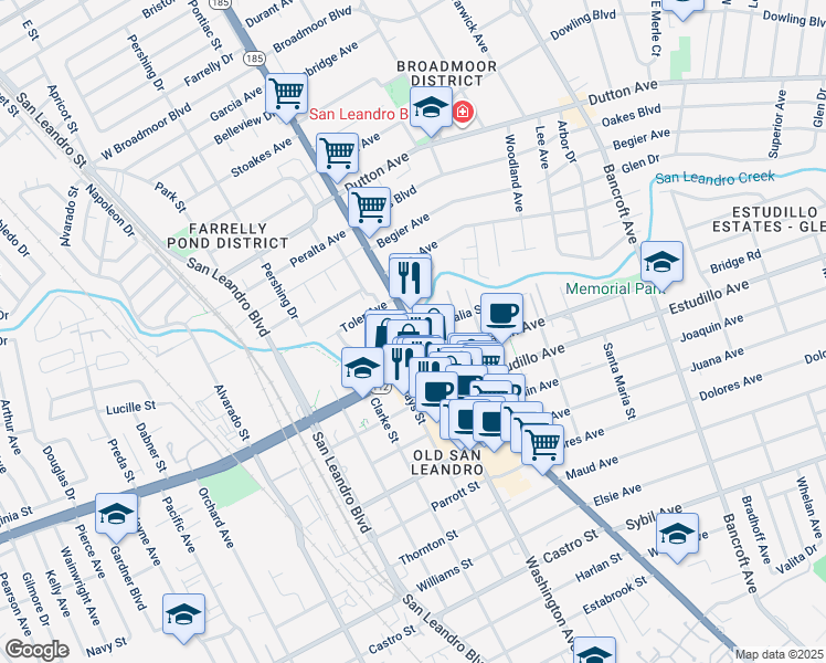 map of restaurants, bars, coffee shops, grocery stores, and more near East 14th Street & Chumalia Street in San Leandro