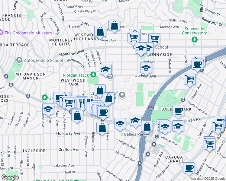map of restaurants, bars, coffee shops, grocery stores, and more near Phelan Avenue in San Francisco