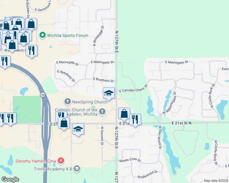 map of restaurants, bars, coffee shops, grocery stores, and more near 2208-2444 N 127th St E in Wichita