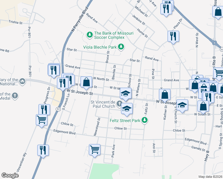 map of restaurants, bars, coffee shops, grocery stores, and more near 1027 West Street Maries Street in Perryville
