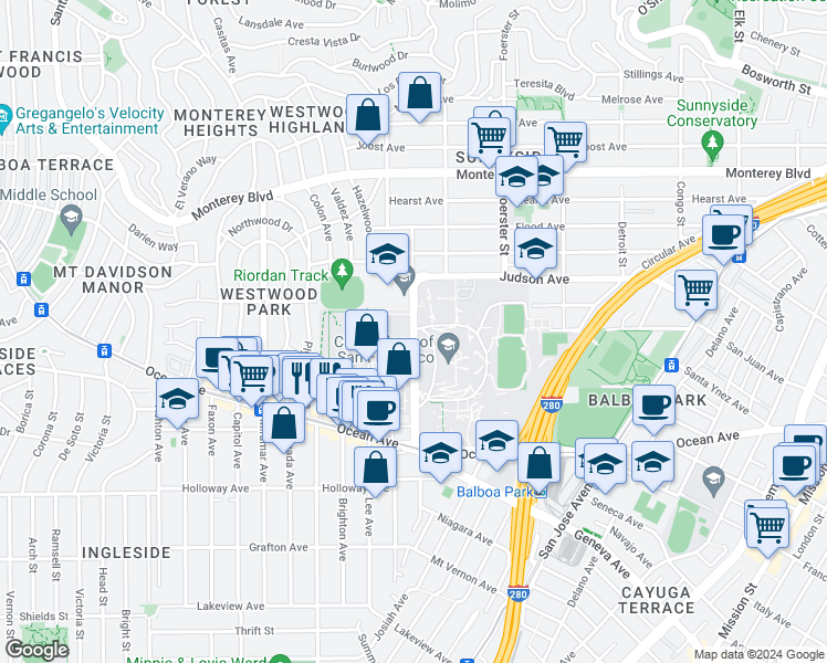map of restaurants, bars, coffee shops, grocery stores, and more near Phelan Avenue in San Francisco