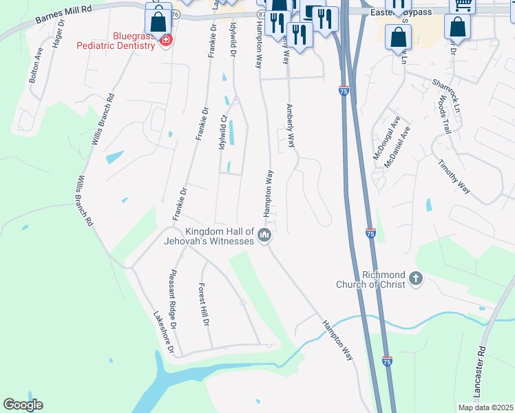 map of restaurants, bars, coffee shops, grocery stores, and more near 629 Hampton Way in Richmond
