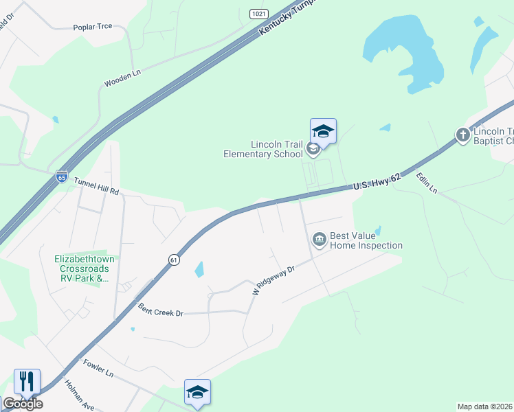 map of restaurants, bars, coffee shops, grocery stores, and more near 1 Margaret Drive in Elizabethtown