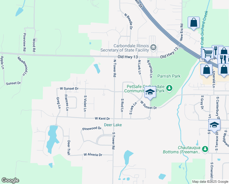 map of restaurants, bars, coffee shops, grocery stores, and more near 100 South Tower Road in Carbondale