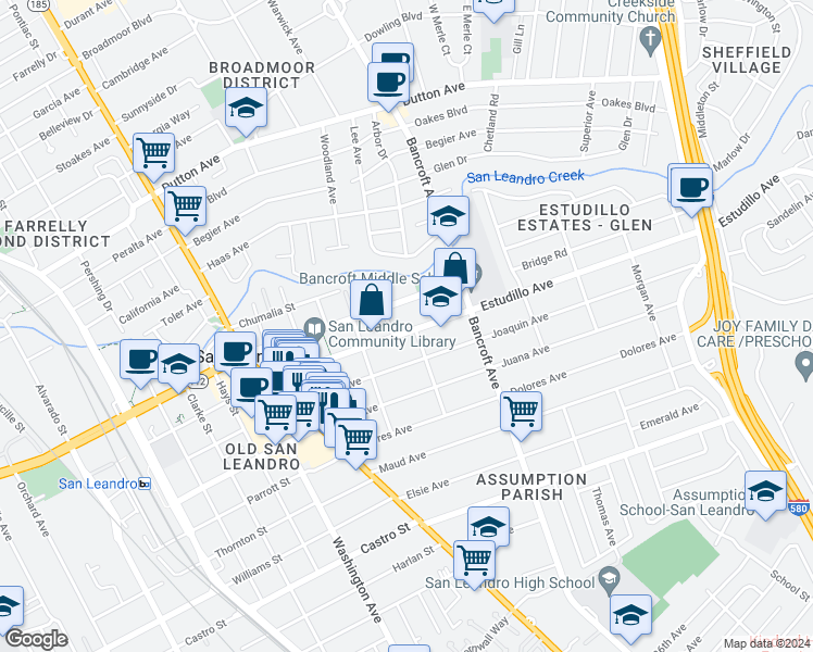 map of restaurants, bars, coffee shops, grocery stores, and more near 444 Estudillo Avenue in San Leandro