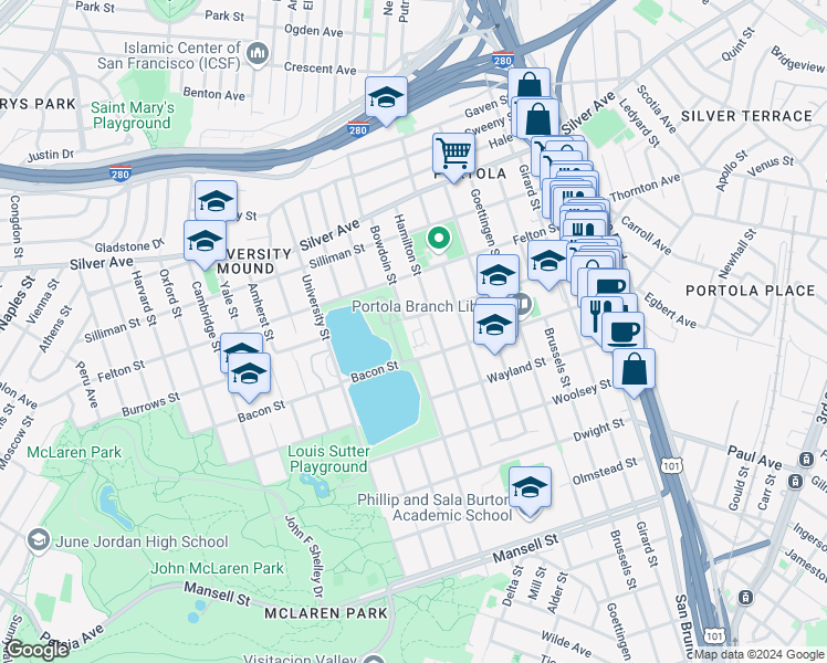 map of restaurants, bars, coffee shops, grocery stores, and more near 760 V in San Francisco