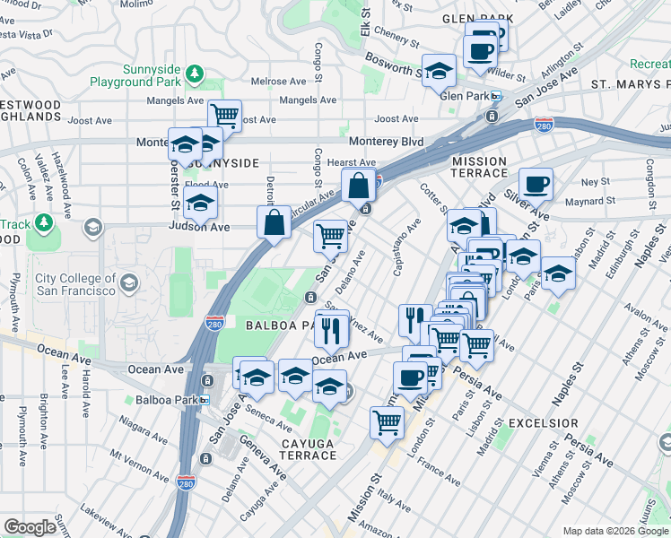 map of restaurants, bars, coffee shops, grocery stores, and more near 99 Delano Avenue in San Francisco