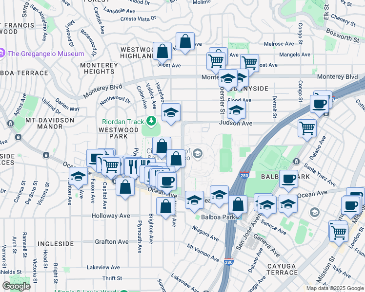 map of restaurants, bars, coffee shops, grocery stores, and more near 13-199 Phelan Avenue in San Francisco