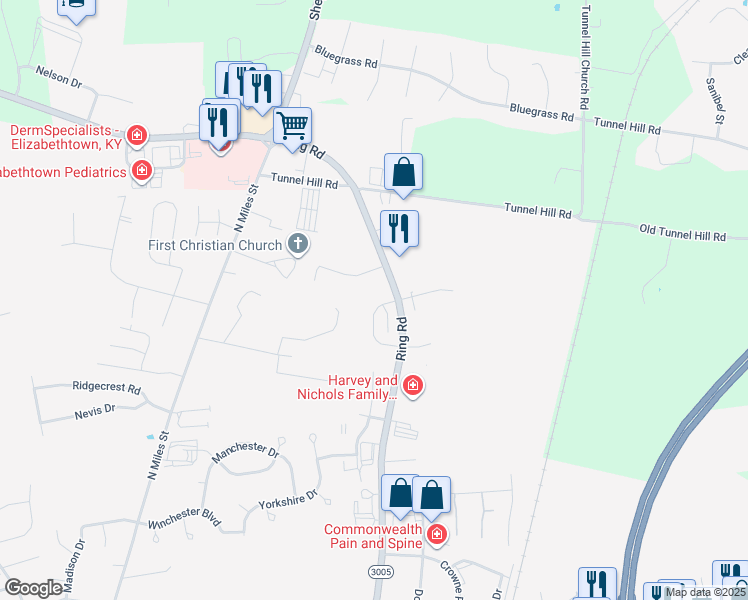 map of restaurants, bars, coffee shops, grocery stores, and more near 1316 Farmingdale Drive in Elizabethtown