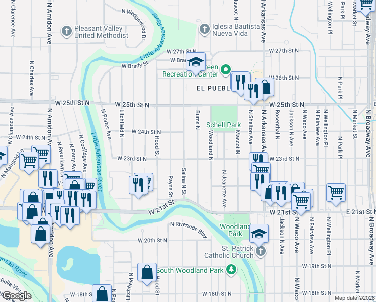 map of restaurants, bars, coffee shops, grocery stores, and more near 2400-2498 North Salina Street in Wichita