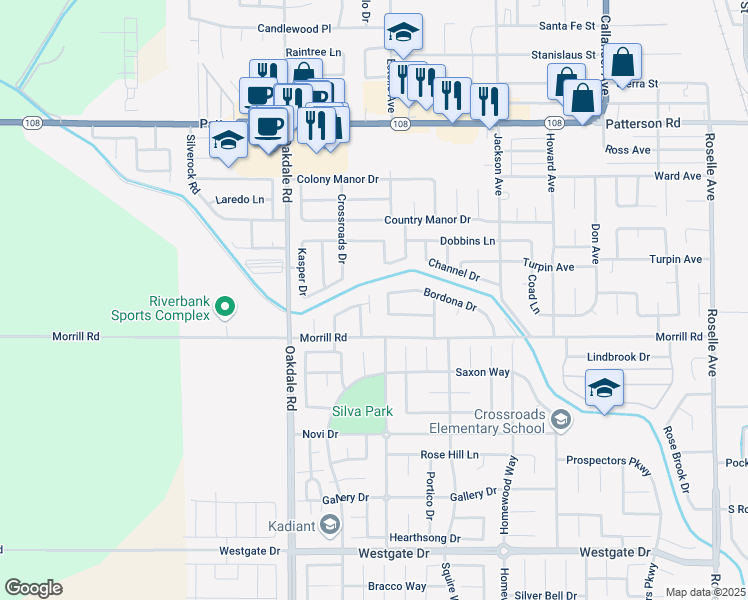 map of restaurants, bars, coffee shops, grocery stores, and more near 6020 Venhaus Way in Riverbank