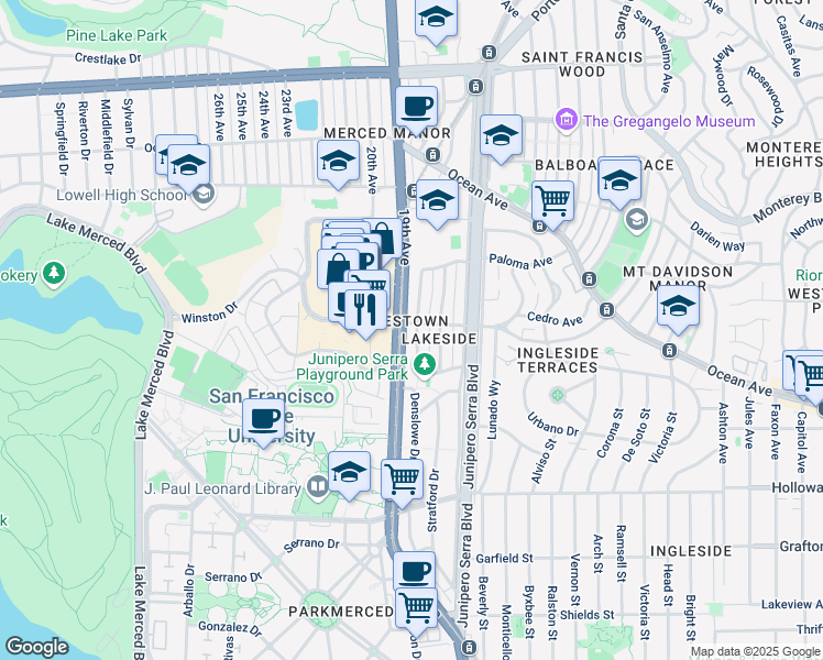 map of restaurants, bars, coffee shops, grocery stores, and more near 155 Winston Drive in San Francisco
